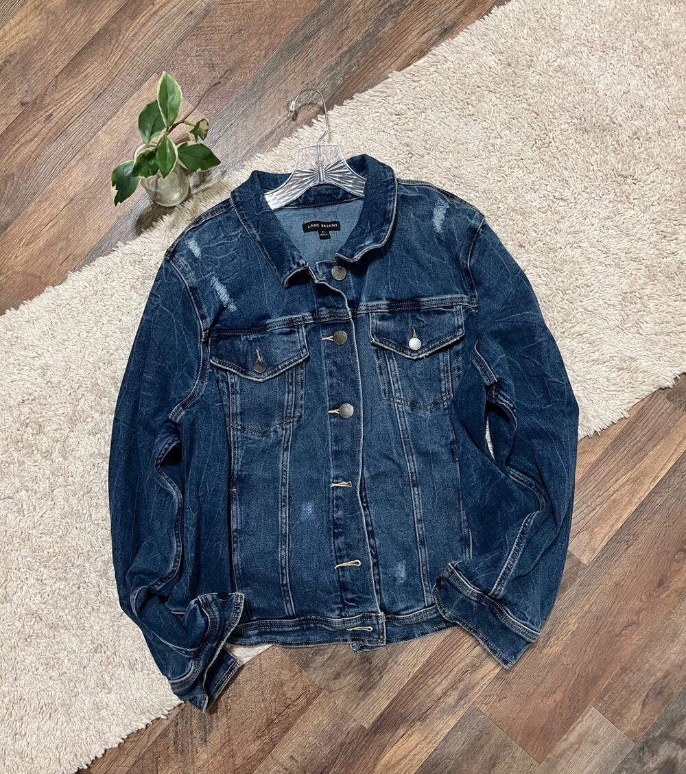 Lane Bryant Size 24 Dark Wash Distressed Button Front Denim Trucker Jacket
